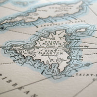 Fine art letterpress map of the Caribbean Islands including St Martin, Anguilla, and St Barhs Islands