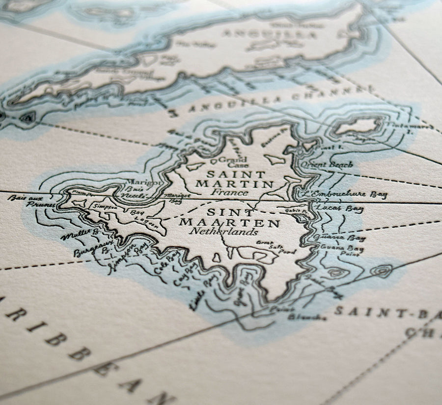 Fine art letterpress map of the Caribbean Islands including St Martin, Anguilla, and St Barhs Islands