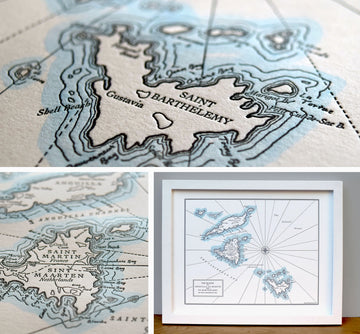 Map of Saint Barthelemy and Saint Martin letterpress printed wall decor