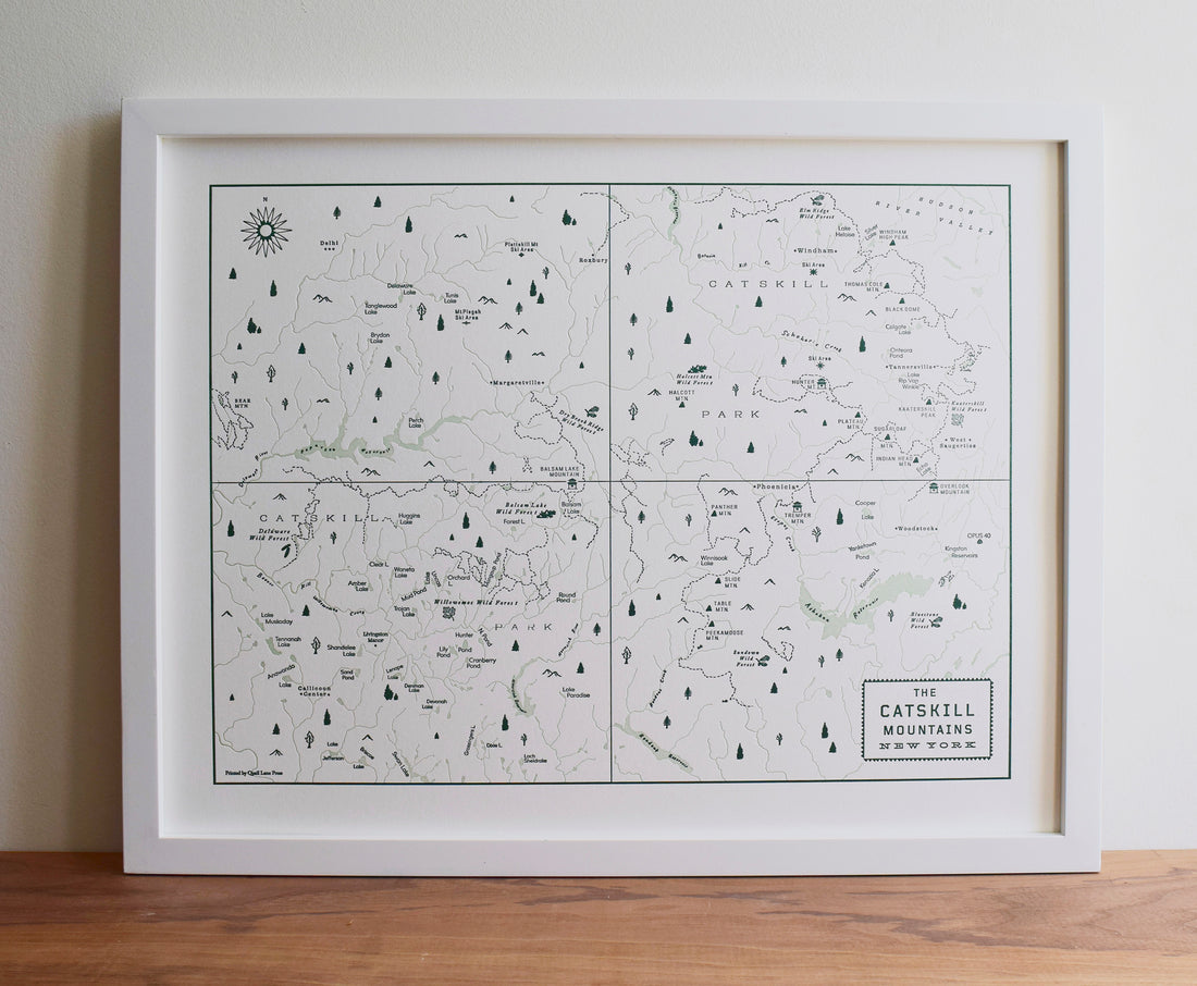 Framed Letterpress Catskill Mountains New York Map