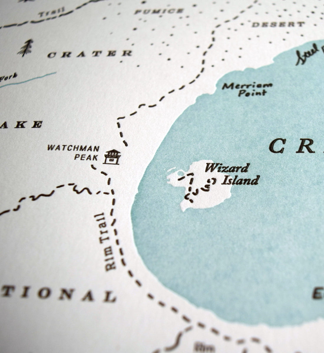 Hand-drawn letterpress printed map of Crater Lake National Park Natural landmarks