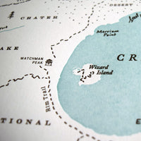 Hand-drawn letterpress printed map of Crater Lake National Park Natural landmarks