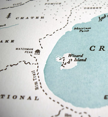 Hand-drawn letterpress printed map of Crater Lake National Park Natural landmarks