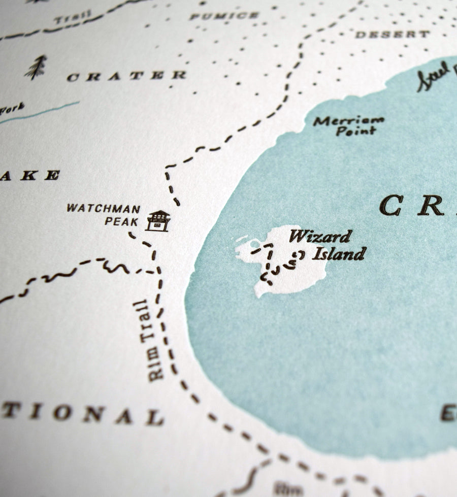 Hand-drawn letterpress printed map of Crater Lake National Park Natural landmarks