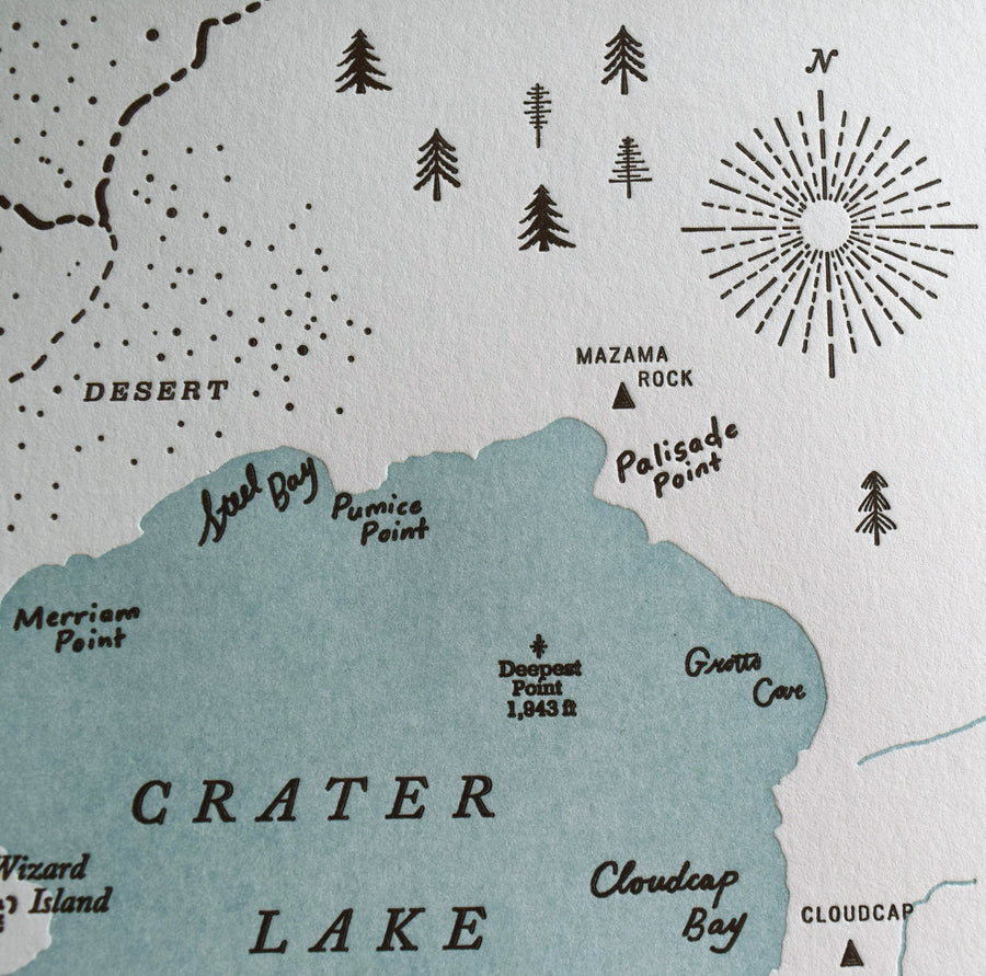 Letterpress art print of Crater Lake National Park Map Includes prominent landmarks and areas of interest