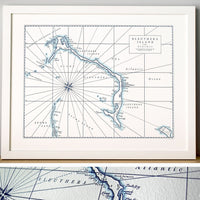 Hand-drawn letterpress printed map of the Island of Eleuthera The Bahamas