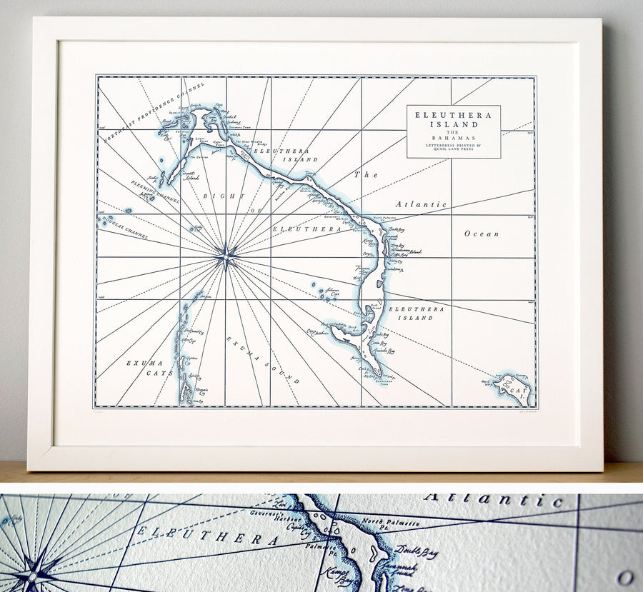 Hand-drawn letterpress printed map of the Island of Eleuthera The Bahamas