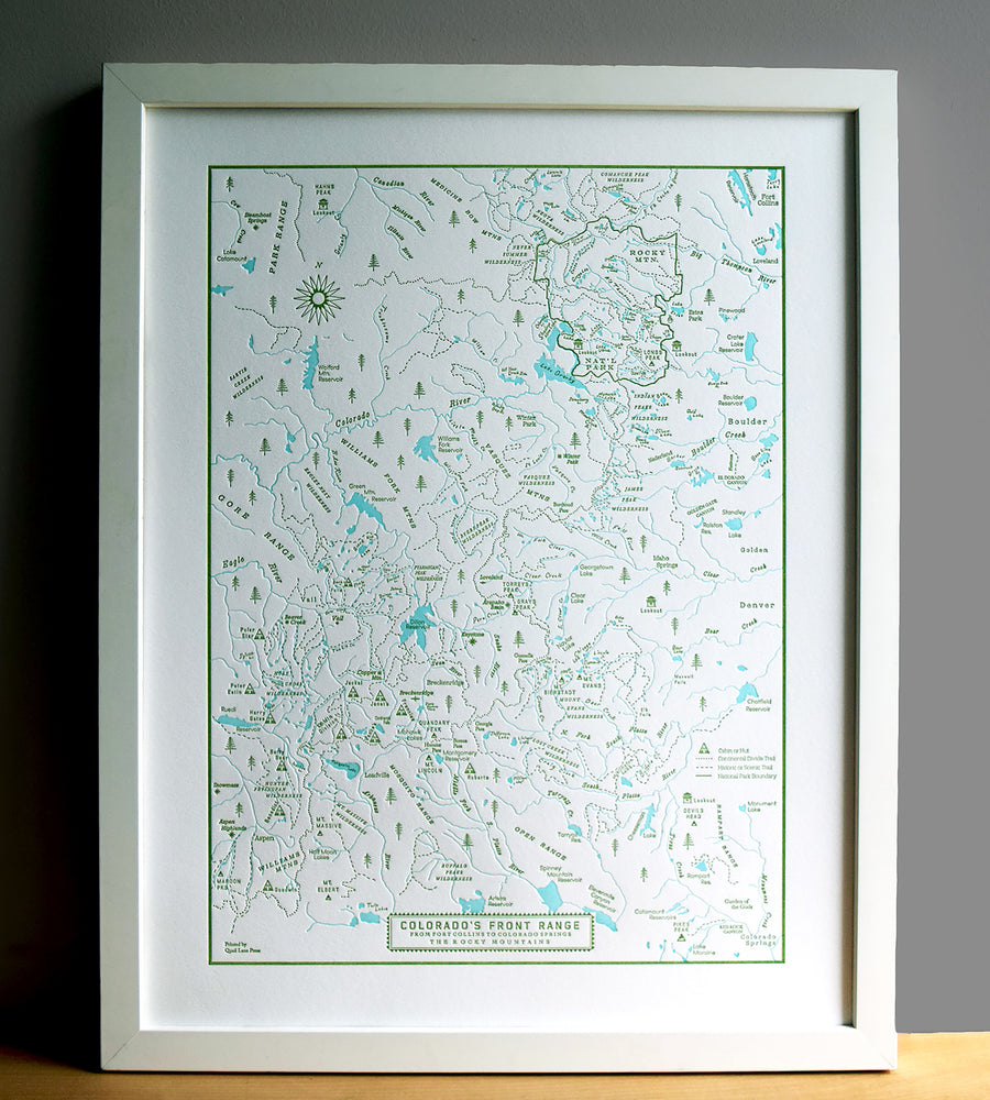 Front range Colorado Map including natural features trails and parks.  Letterpress printed wall art map in two colors
