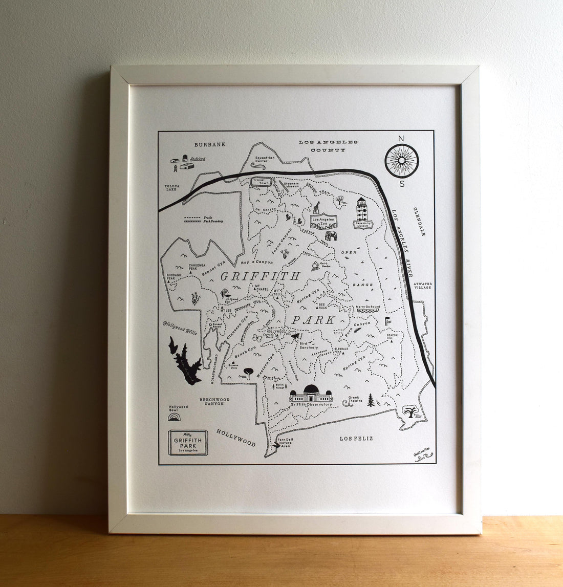 Letterpress Art Griffith Park Los Angeles California Map