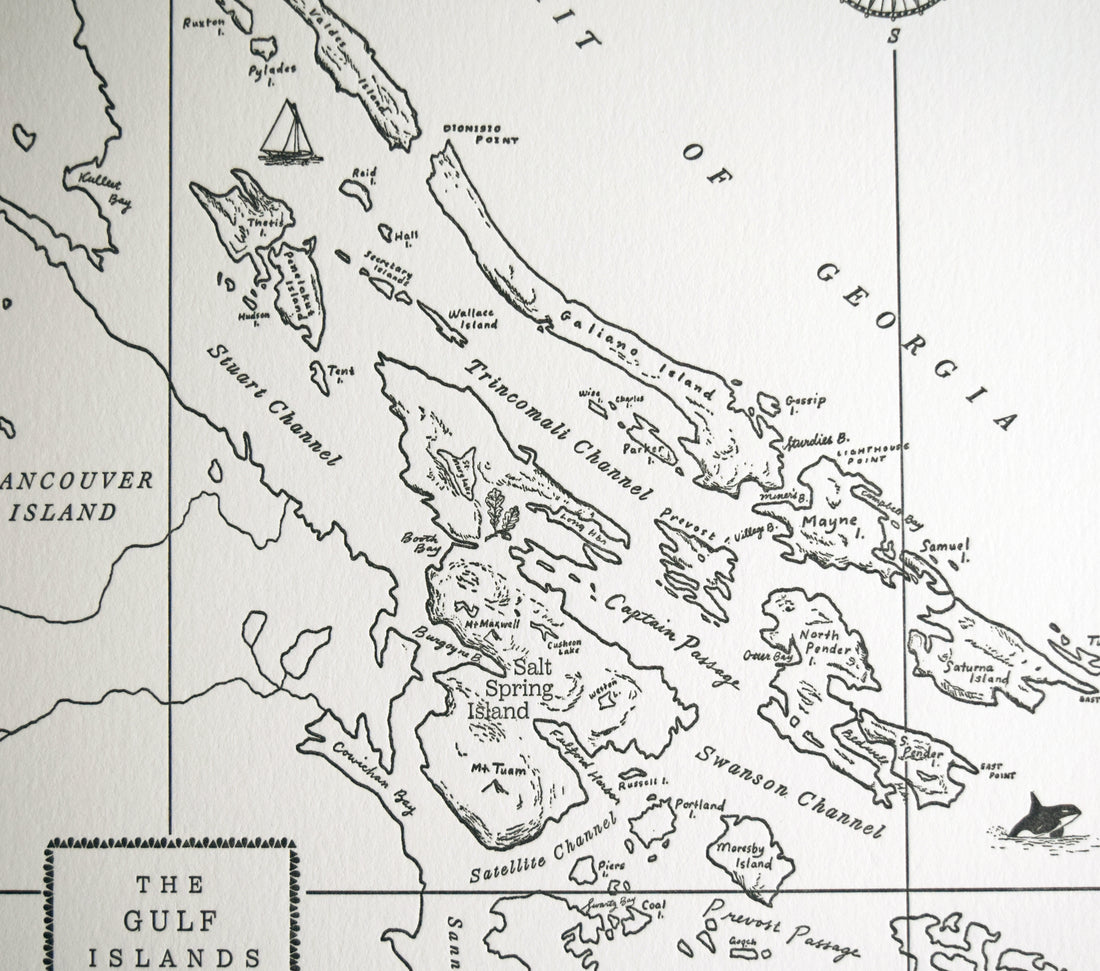 Map of Salish Sea with Gulf Islands, Vancouver Island, Salt Spring Island, British Columbia Canada