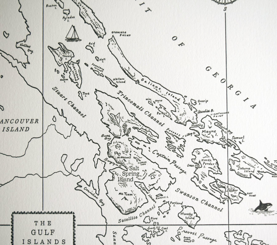 Map of Salish Sea with Gulf Islands, Vancouver Island, Salt Spring Island, British Columbia Canada