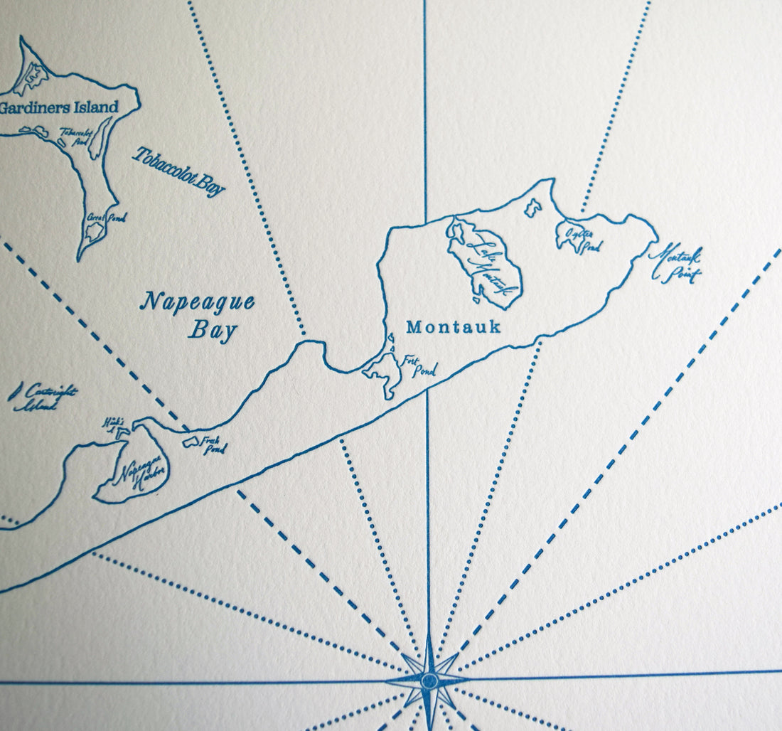 letterpress map of the Hamptons New York Northeastern US Coastline