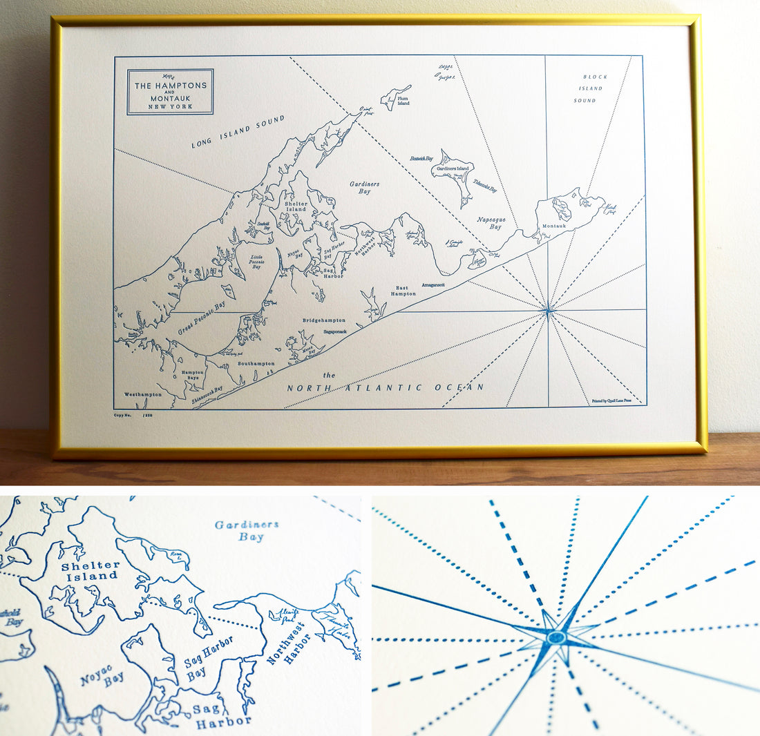 Letterpress printed map of Montauk and the Hamptons New York Northeastern United States