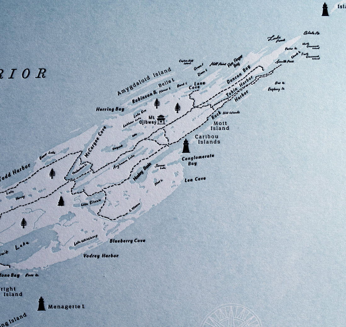 Letterpress printed Isle Royale map.  Lake Superior Great Lakes