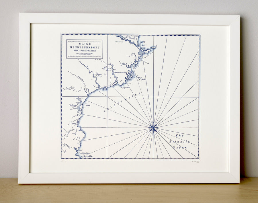 Letterpress map of Kennebunkport Maine United States.  Coastlines are tinted with watercolor wash.
