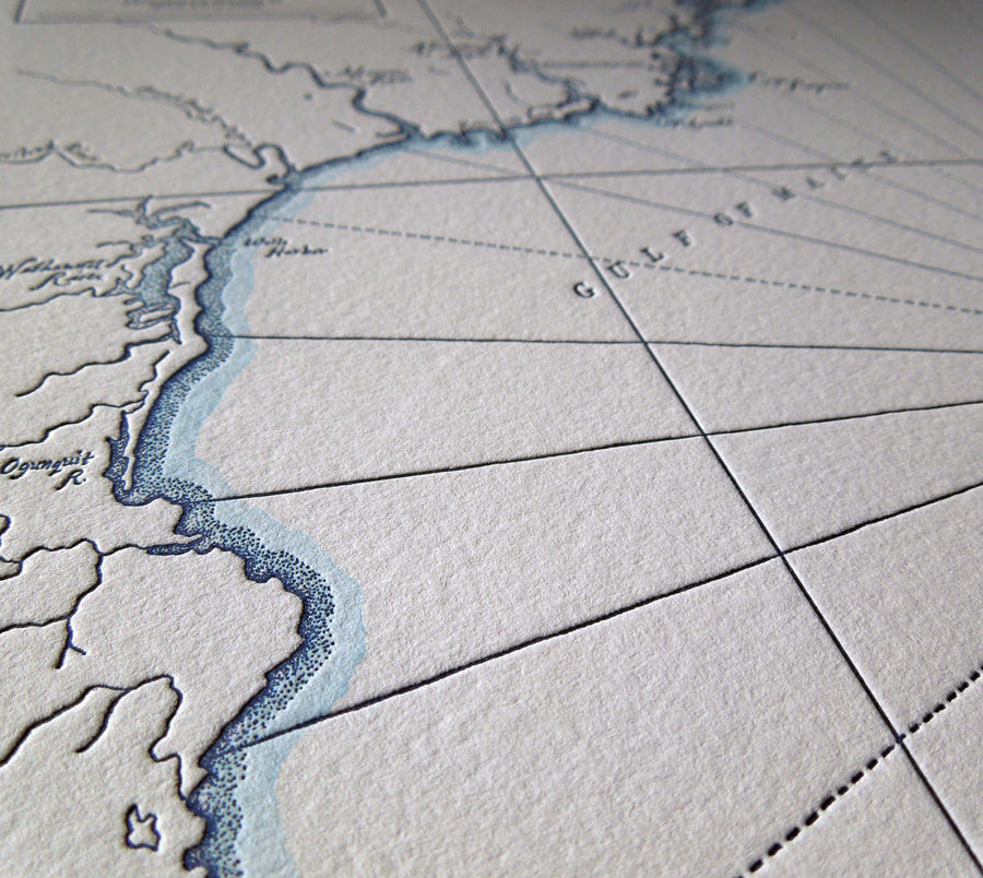 Hand-drawn Kennebunkport Maine letterpress map identifying prominent natural features.  