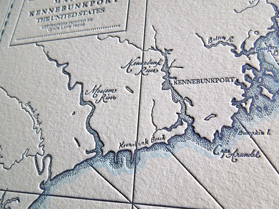Norheastern United States Map Kennebunkport Maine Hand drawn letterpress printed wall art