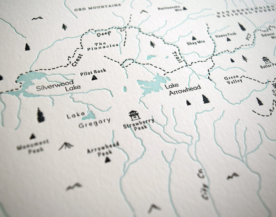 Letterpress wall art California Mountains map of San Bernardino Southern California encompassing the natural playground including the pacific crest trail