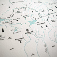 Letterpress wall art California Mountains map of San Bernardino Southern California encompassing the natural playground including the pacific crest trail