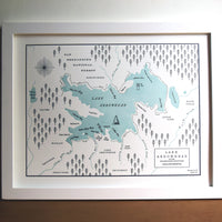 Framed handdrawn letterpress printed map of Lake Arrowhead in the San Bernardino Mountains of California