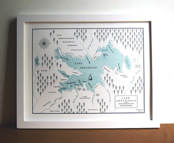Framed handdrawn letterpress printed map of Lake Arrowhead in the San Bernardino Mountains of California