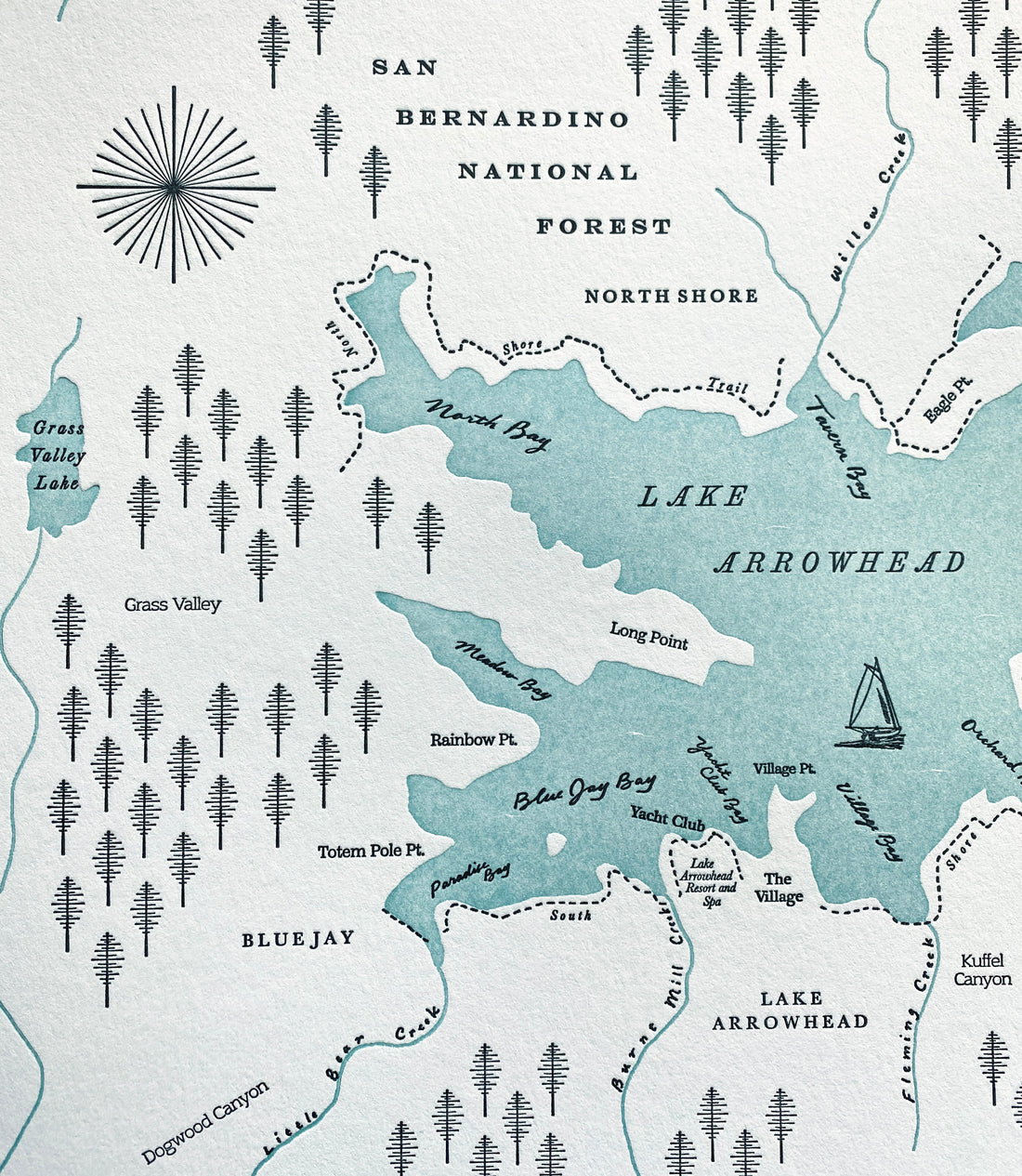 Original hand-drawn map letterpress printed in two colors depicting the Lake Arrowhead Region of the San Bernardino Mountains of Southern Califnoria United States