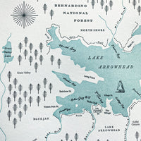 Original hand-drawn map letterpress printed in two colors depicting the Lake Arrowhead Region of the San Bernardino Mountains of Southern Califnoria United States