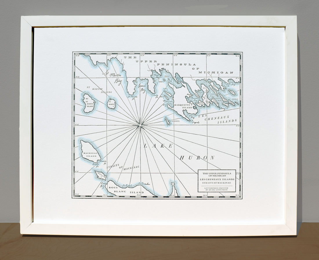 Framed hand-drawn letterpress printed map of Lake Huron Michigan.  Letterpress wall art decor