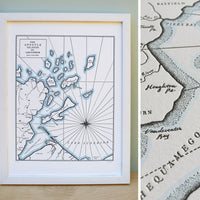 Lake Superior Map with Apostle Islands region.  Nautical themed fine art letterpress print with watercolor accent along shorelines.