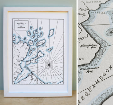 Lake Superior Map with Apostle Islands region.  Nautical themed fine art letterpress print with watercolor accent along shorelines.