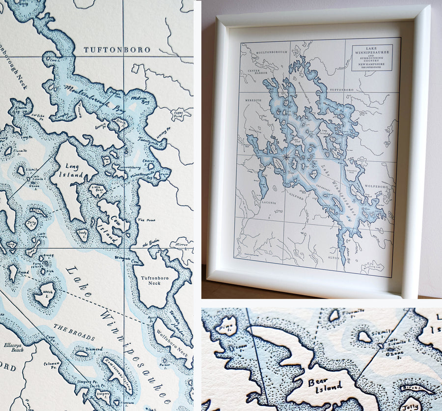Hand-drawn map of Lake Winnipesaukee Letterpress printed on Cranes cotton lettra paper shorelines are tinted with watercolor wash fits in a standard frame