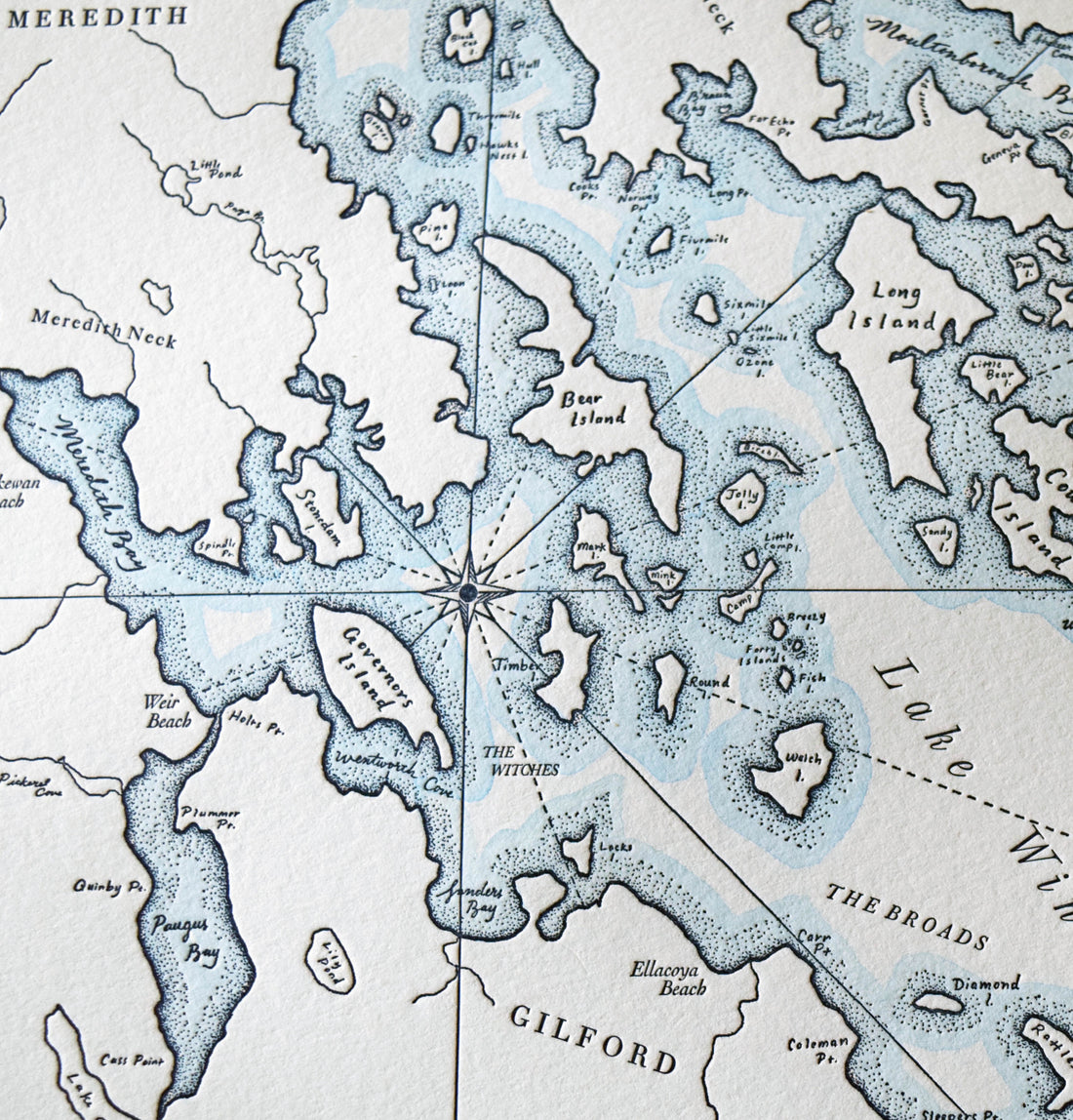 Lake winnipesaukee New Hanpshire hand-drawn letterpress print with watercolor was along shorelines 