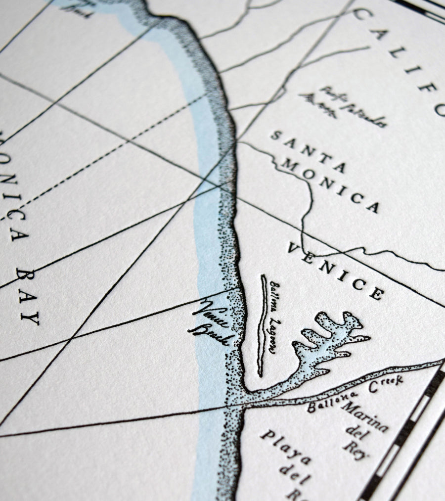 Original handdrawn print.  Map of Venice and Santa Monica California Coastline