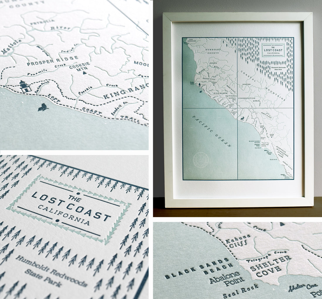 Hand drawn letterpress printed map of the Northern California Lost Coast.  Framed with closeup images