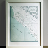 Framed map of the california lost coast letterpress printed fits into standard frame