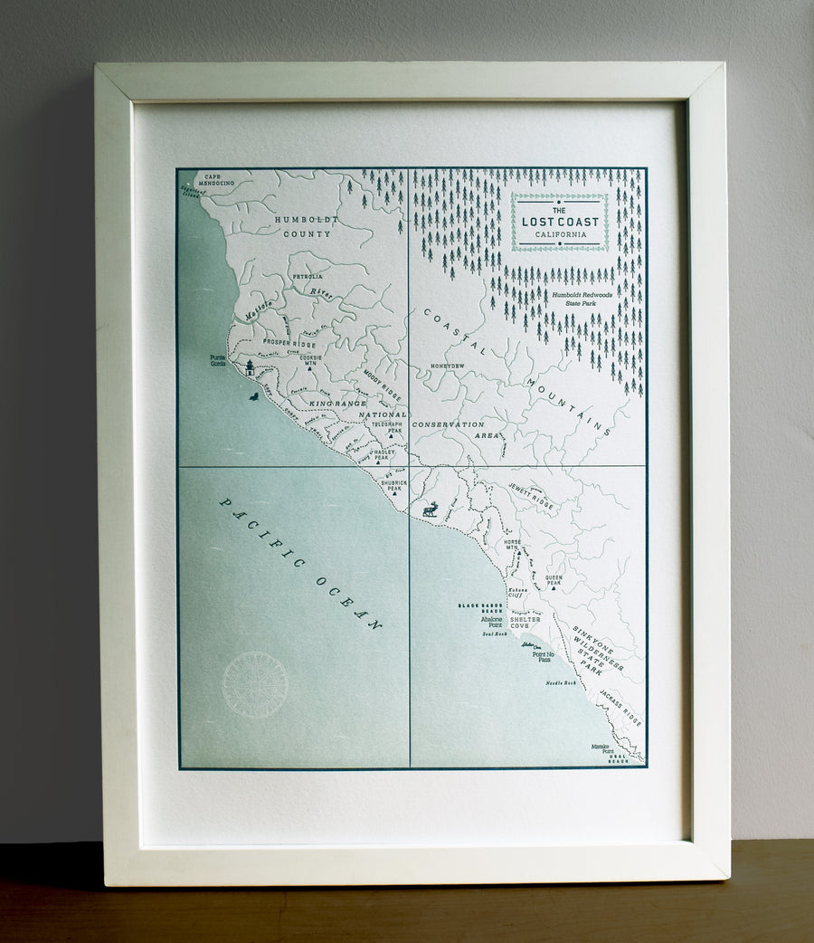 Framed map of the california lost coast letterpress printed fits into standard frame