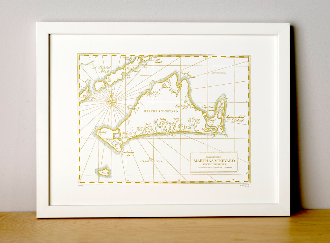 Hand drawn letterpress printed framed print of Marthas Vineyard Map