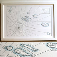 Letterpress printed map of Azores Islands of Portugal Atlantic Ocean