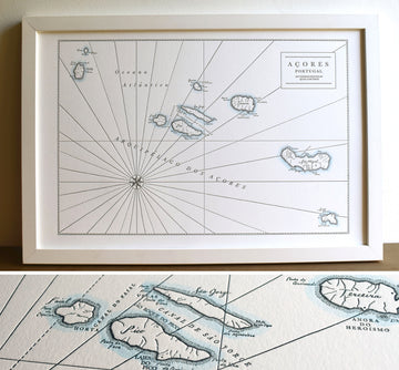 Letterpress printed map of Azores Islands of Portugal Atlantic Ocean