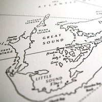 Letterpress print mapping the iconic Island of Bermuda surrounded by the Atlantic Ocean