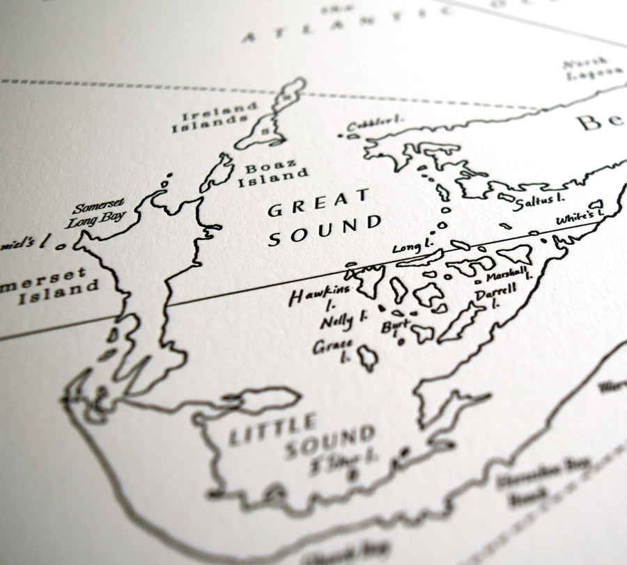 Letterpress print mapping the iconic Island of Bermuda surrounded by the Atlantic Ocean