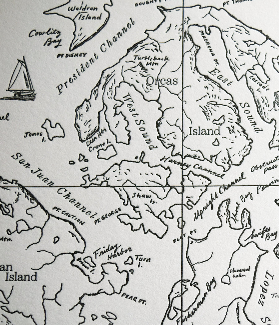 Seaworthy Artistic map print of the san Juan Islands Salish Sea and surrounding area identifies prominent water and land features hand drawn letterpress print 
