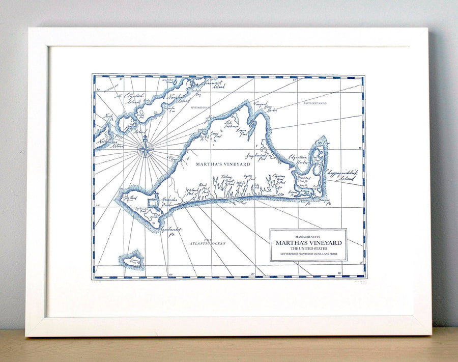 Martha's Vineyard map printed in letterpress with watercolor wash accent along shorelines.