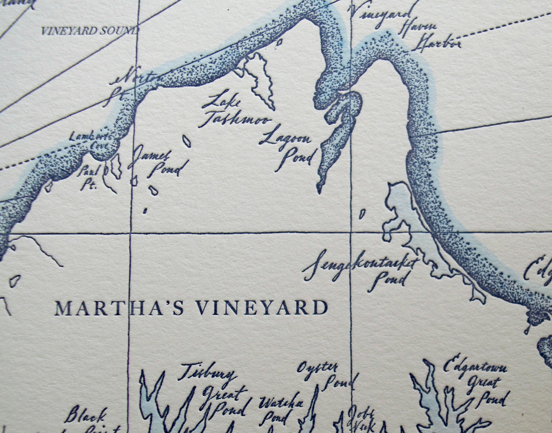 Marthas Vineyard Massachusetts Atlantic Ocean map identifying natural features and accented with water-color along shorelines