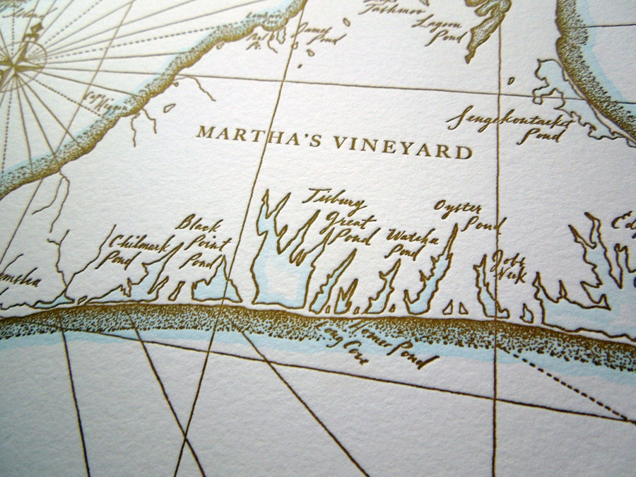 Martha's Vineyard wall art.  Letterpress map printed on archival cotton paper and watercolor accent along shorelines