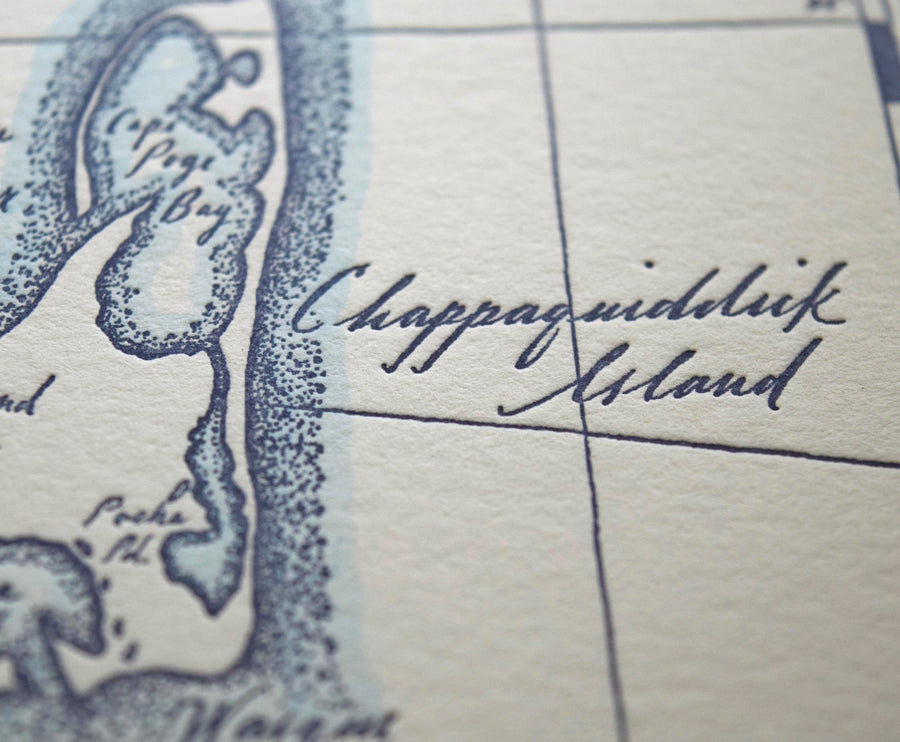 Handdrawn and handprinted letterpress map of Marha's Vineyard detailing prominent bays and other natural features
