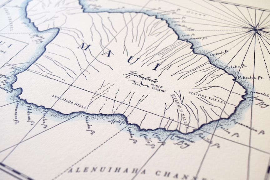 Maui map letterpress wall art