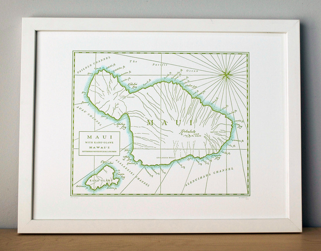 Letterpress map of Maui Hawii Framed wallart