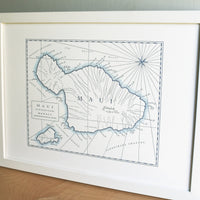 Framed wall art letterpress map Maui Hawaii