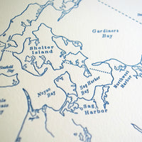Hand-drawn letterpress printed map of Montauk Hamptons New York Northeastern US